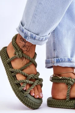 Clearance Damskie Modne Plecione Sandały Zielone Tiffanie Damskie Sandały Płaskie