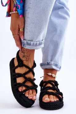 Damskie Modne Plecione Sandały Czarne Tiffanie Damskie Sandały Płaskie