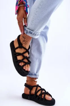 Damskie Modne Plecione Sandały Czarne Tiffanie Damskie Sandały Płaskie