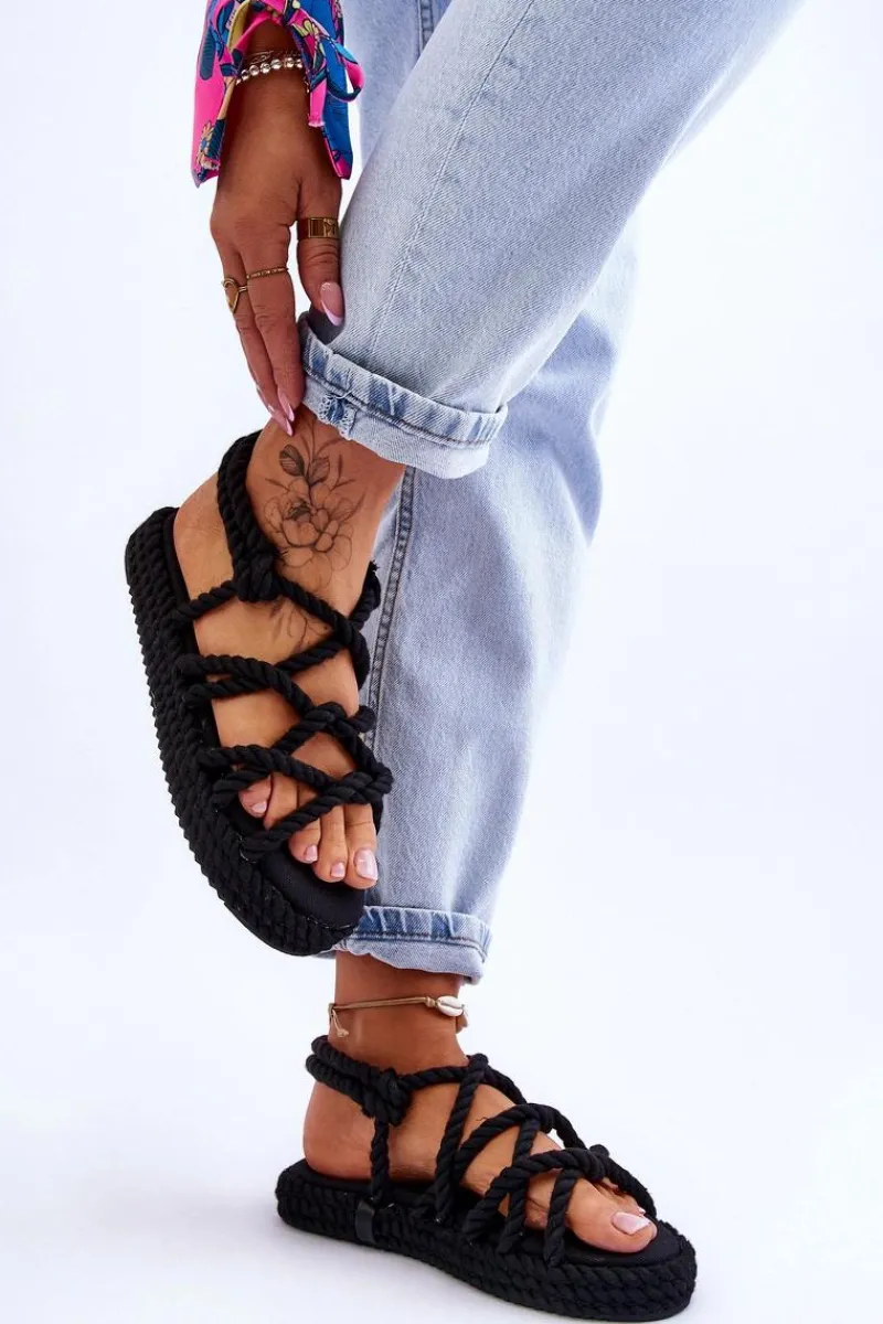 Damskie Modne Plecione Sandały Czarne Tiffanie Damskie Sandały Płaskie