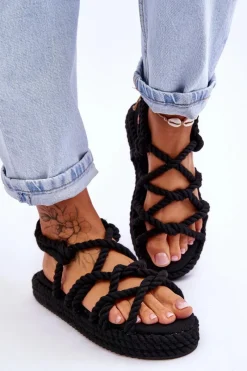 Damskie Modne Plecione Sandały Czarne Tiffanie Damskie Sandały Płaskie