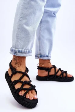 Damskie Modne Plecione Sandały Czarne Tiffanie Damskie Sandały Płaskie