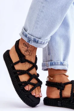 Damskie Modne Plecione Sandały Czarne Tiffanie Damskie Sandały Płaskie