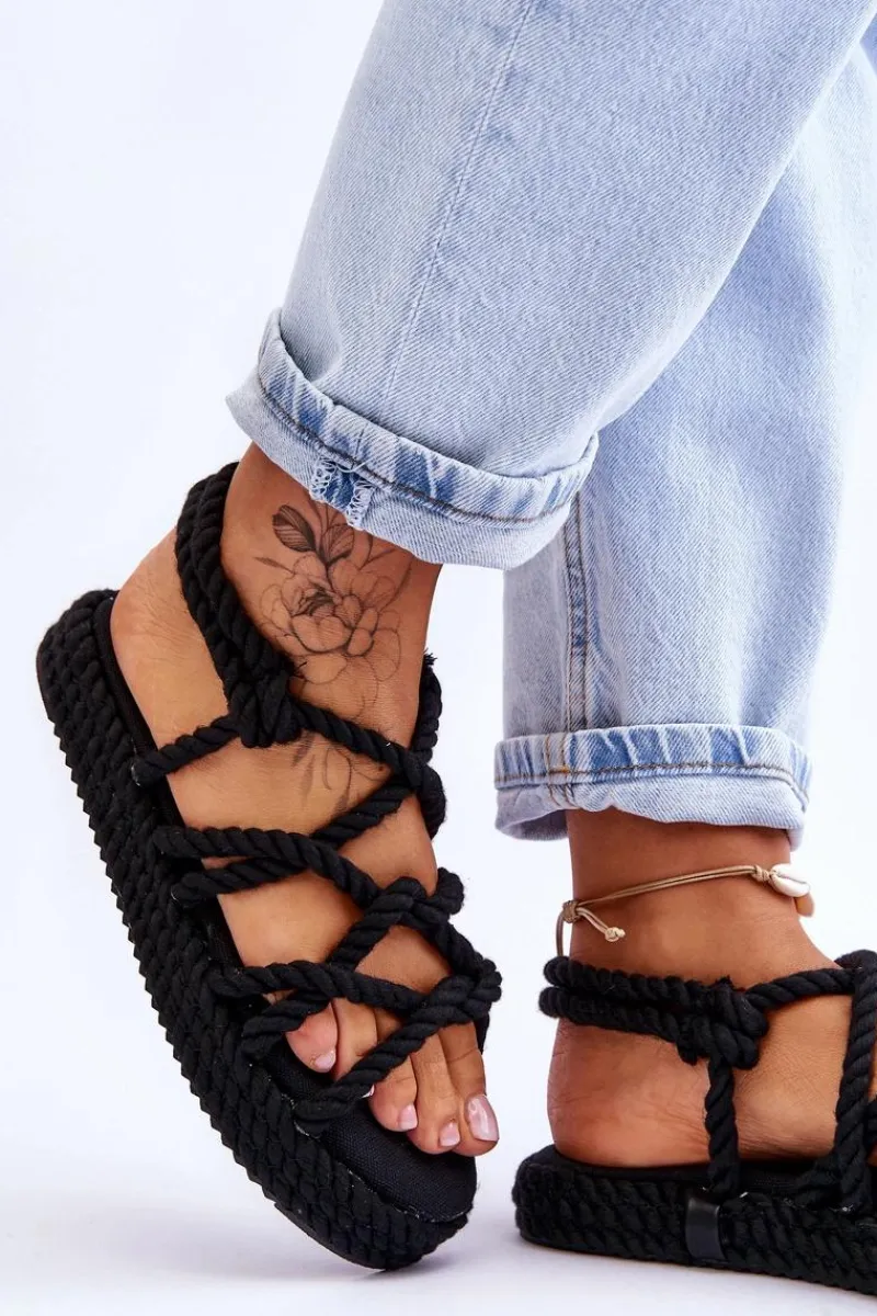 Damskie Modne Plecione Sandały Czarne Tiffanie Damskie Sandały Płaskie