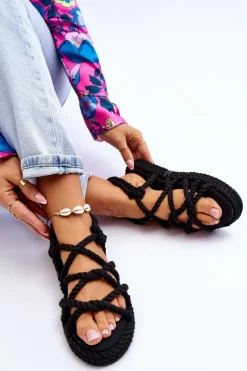 Damskie Modne Plecione Sandały Czarne Tiffanie Damskie Sandały Płaskie