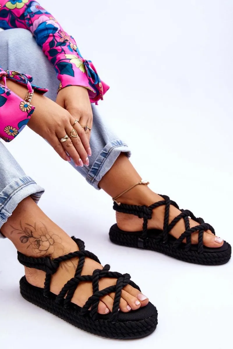 Damskie Modne Plecione Sandały Czarne Tiffanie Damskie Sandały Płaskie