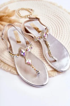 Best Damskie Modne Sandały Japonki Z Ozdobnymi Dżetami Srebrne Bellia Damskie Sandały Płaskie