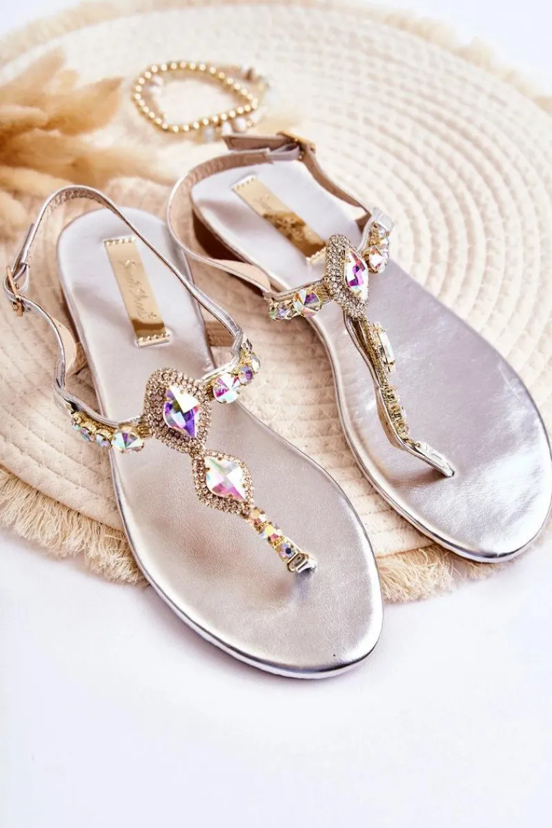 Best Damskie Modne Sandały Japonki Z Ozdobnymi Dżetami Srebrne Bellia Damskie Sandały Płaskie