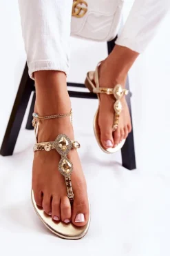 Discount Boto Damskie Modne Sandały Japonki Z Ozdobnymi Dżetami Złote Bellia