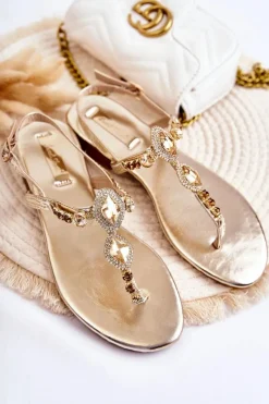 Discount Boto Damskie Modne Sandały Japonki Z Ozdobnymi Dżetami Złote Bellia