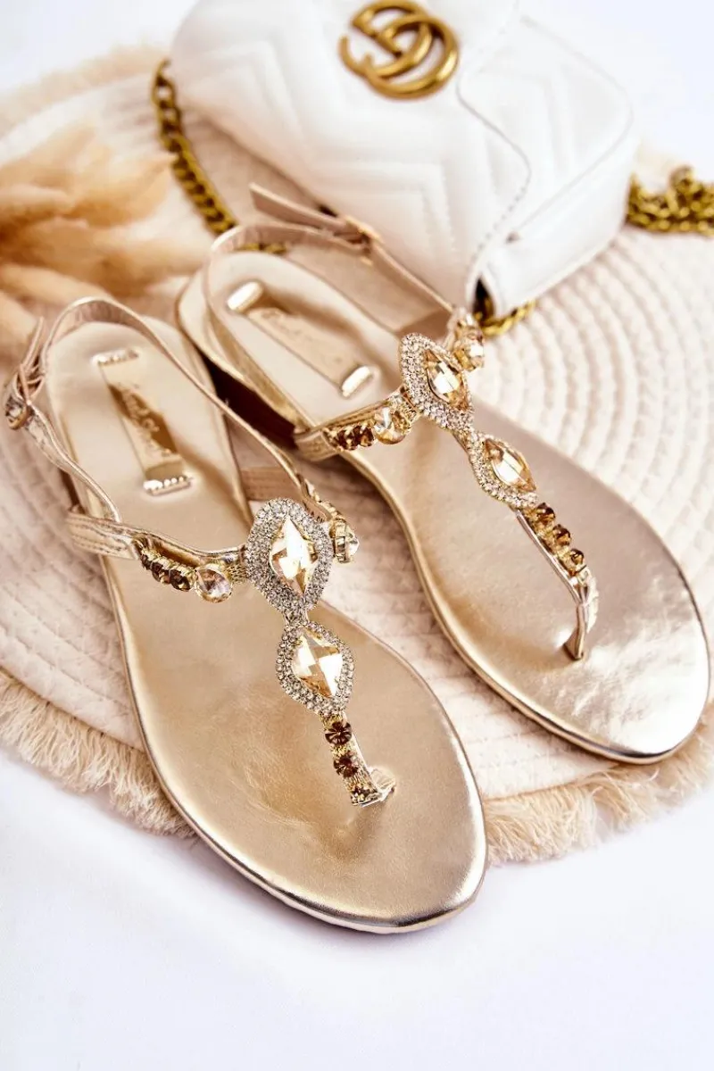 Discount Boto Damskie Modne Sandały Japonki Z Ozdobnymi Dżetami Złote Bellia