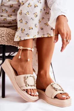 Outlet Damskie buty S.Barski Damskie Modne Skórzane Klapki Beżowe Adaline Beżowy