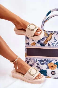 Outlet Damskie buty S.Barski Damskie Modne Skórzane Klapki Beżowe Adaline Beżowy