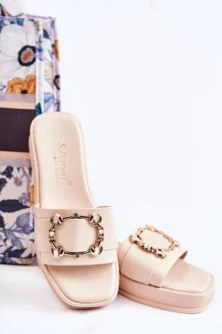 Outlet Damskie buty S.Barski Damskie Modne Skórzane Klapki Beżowe Adaline Beżowy