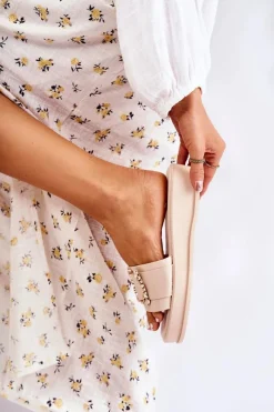 Outlet Damskie buty S.Barski Damskie Modne Skórzane Klapki Beżowe Adaline Beżowy