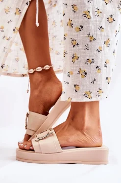 Outlet Damskie buty S.Barski Damskie Modne Skórzane Klapki Beżowe Adaline Beżowy