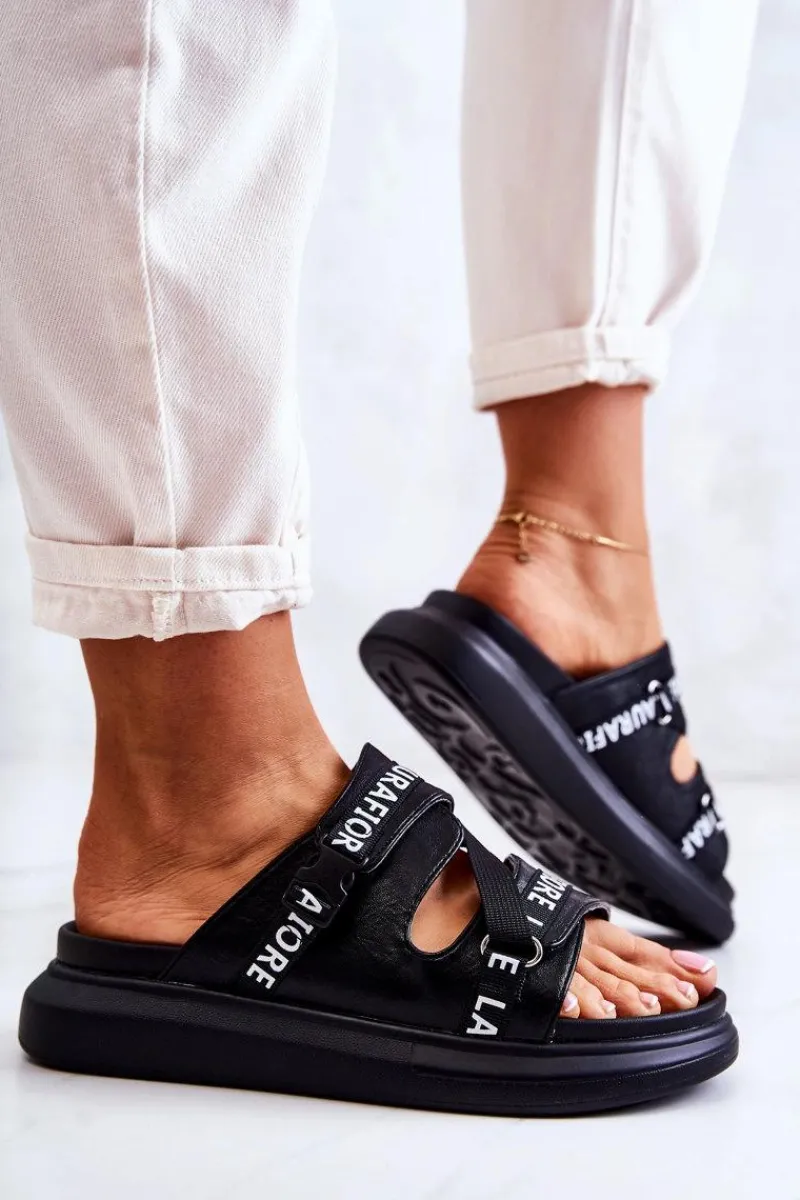 Sale Damskie Modne Skórzane Klapki La.Fi Czarne Menifis Damskie Klapki Damskie Klasyczne