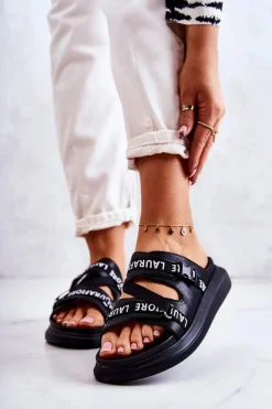 Sale Damskie Modne Skórzane Klapki La.Fi Czarne Menifis Damskie Klapki Damskie Klasyczne