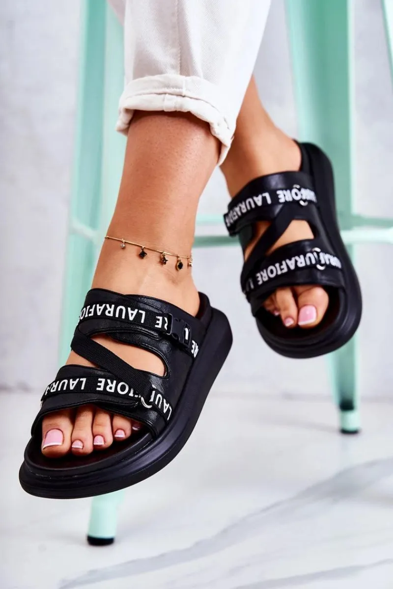 Sale Damskie Modne Skórzane Klapki La.Fi Czarne Menifis Damskie Klapki Damskie Klasyczne