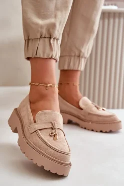 New Damskie Mokasyny Eko Zamszowe Ze Zdobieniem Beżowe Verindalle Damskie Mokasyny Na Platformie|Mokasyny Damskie Zamszowe