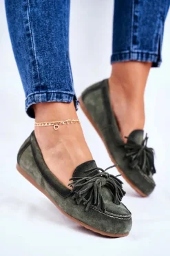 Mokasyny Damskie Zamszowe>Maciejka Damskie Mokasyny Skórzane Oliwkowe 04830-24