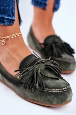 Mokasyny Damskie Zamszowe>Maciejka Damskie Mokasyny Skórzane Oliwkowe 04830-24