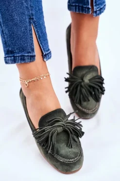 Mokasyny Damskie Zamszowe></noscript>Maciejka Damskie Mokasyny Skórzane Oliwkowe 04830-24