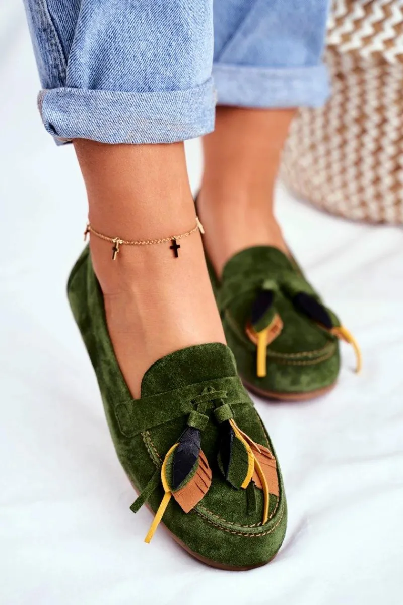 Mokasyny Damskie Zamszowe>Maciejka Damskie Mokasyny Skórzane Zielone 04494-09/00-5