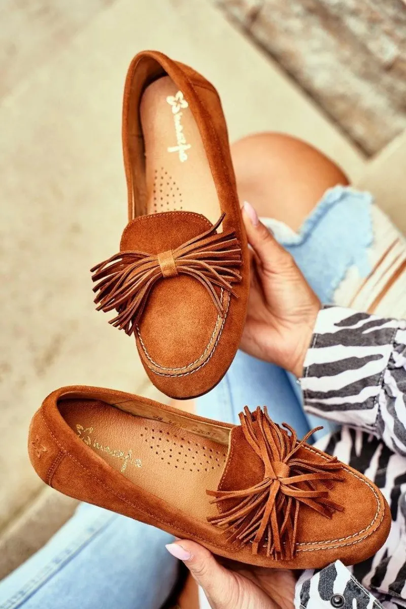 Mokasyny Damskie Zamszowe>Maciejka Damskie Mokasyny Skórzane Camel 04830