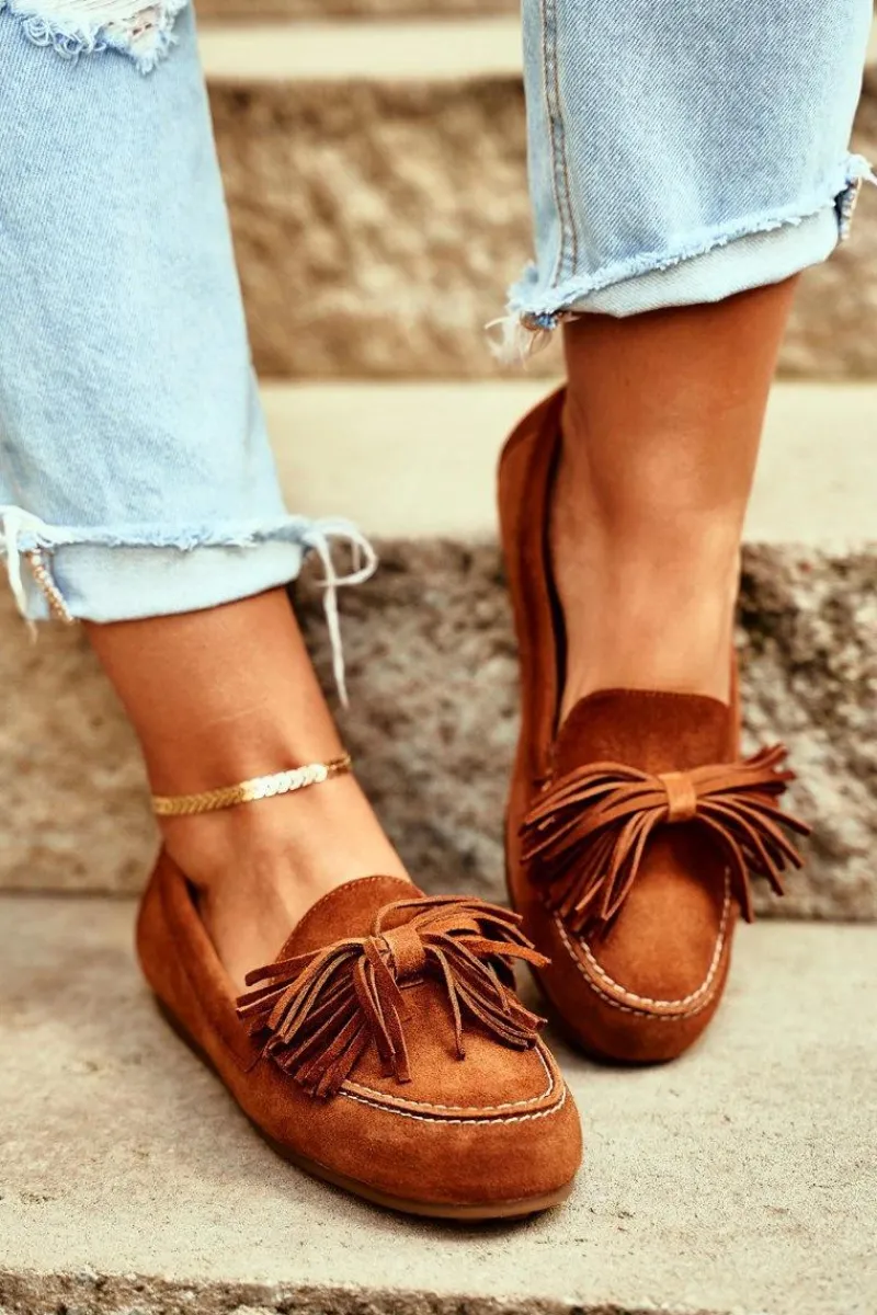 Mokasyny Damskie Zamszowe>Maciejka Damskie Mokasyny Skórzane Camel 04830