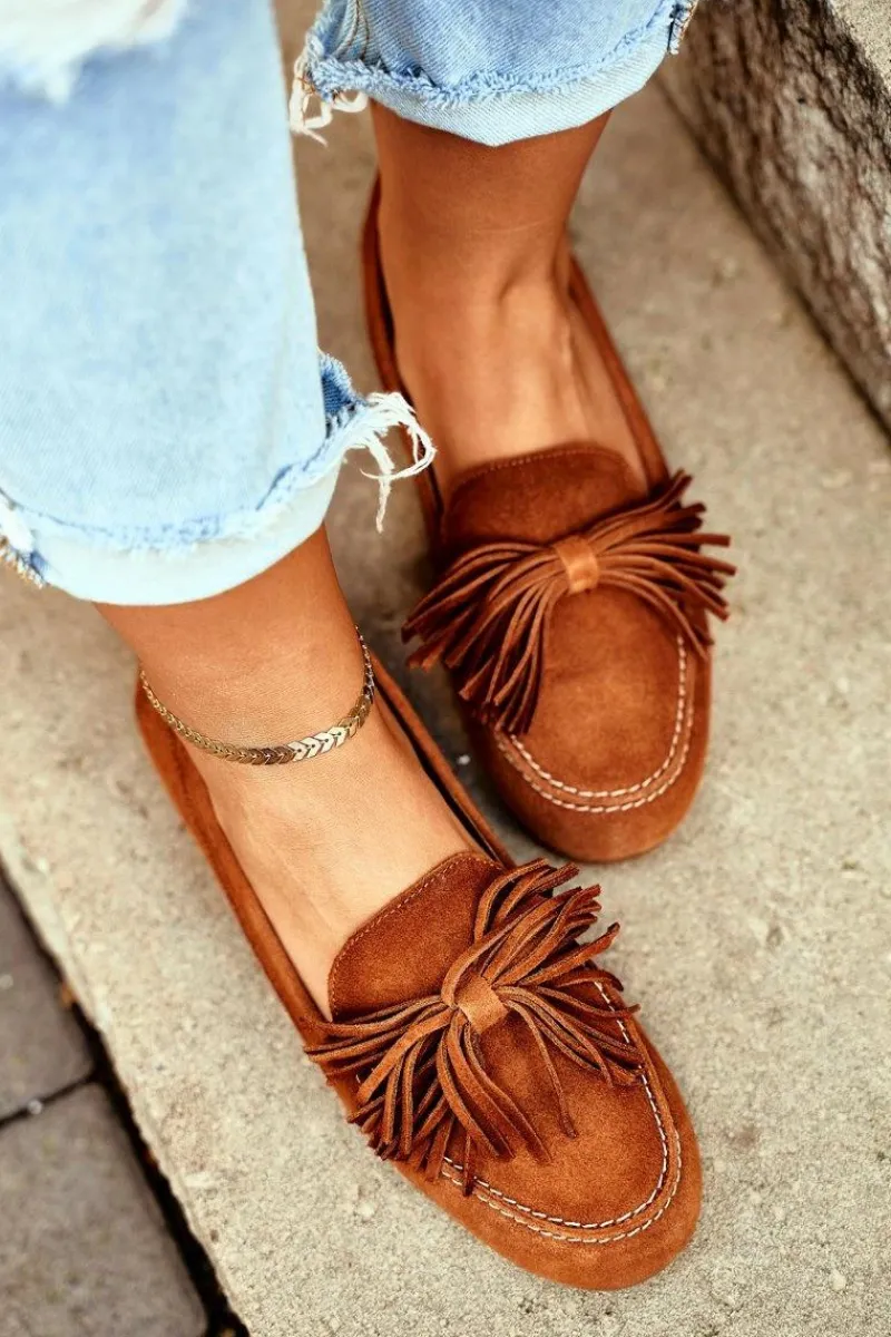 Mokasyny Damskie Zamszowe>Maciejka Damskie Mokasyny Skórzane Camel 04830