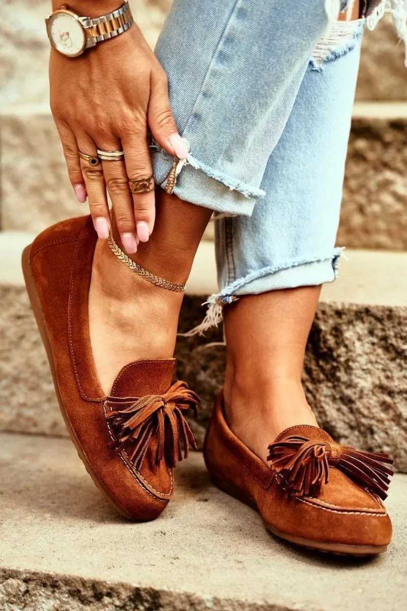 Mokasyny Damskie Zamszowe>Maciejka Damskie Mokasyny Skórzane Camel 04830