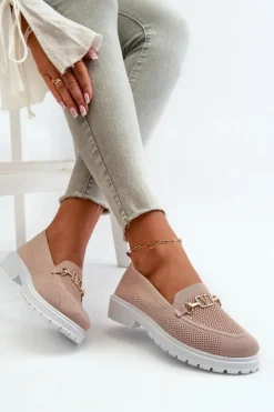 Evento Damskie Mokasyny Na Płaskim Obcasie Ze Złotym Detalem Różowe Limentia