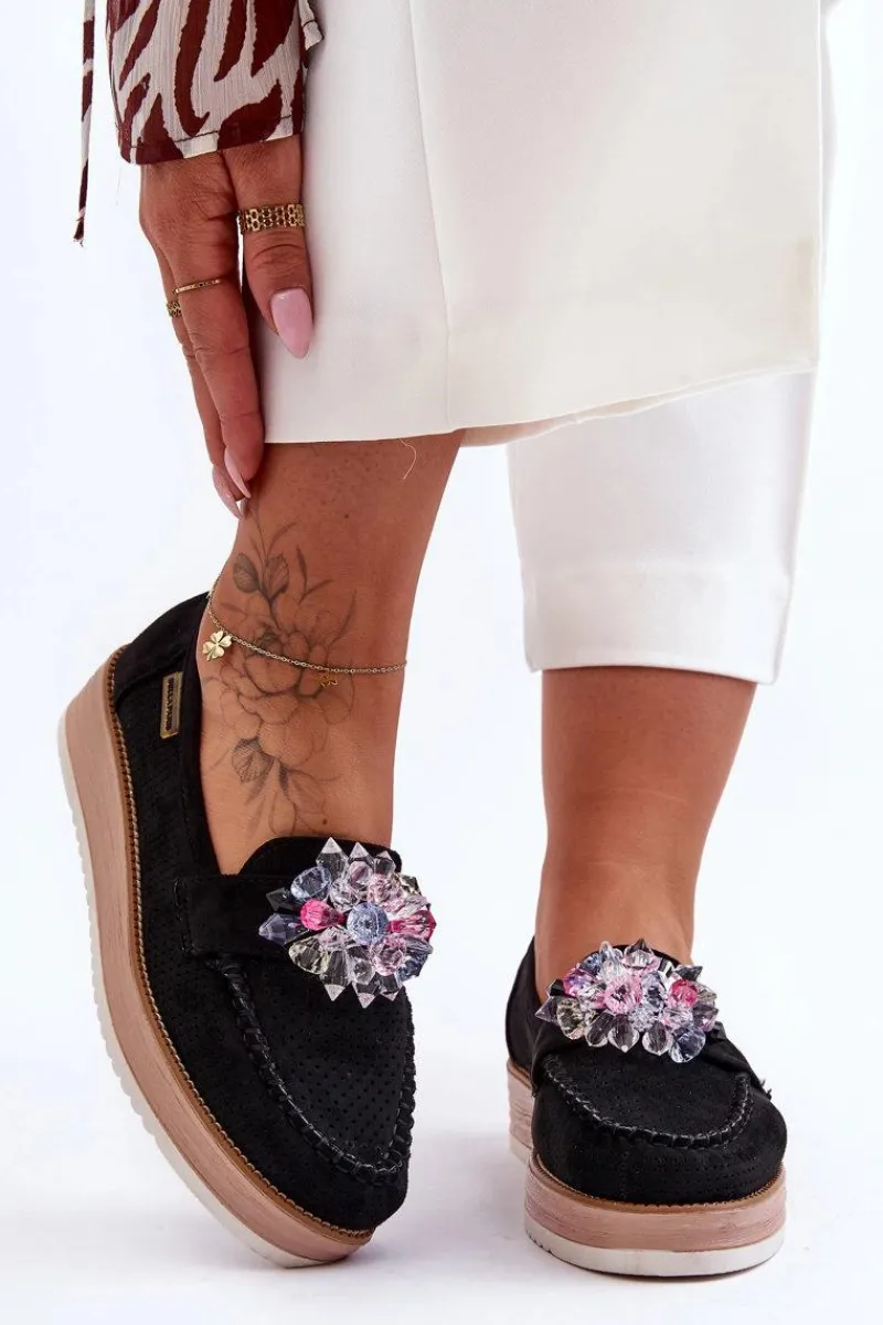Sale Damskie Mokasyny Na Platformie Z Kamieniami Czarne Elonore Damskie Mokasyny Na Platformie|Mokasyny Damskie Zamszowe