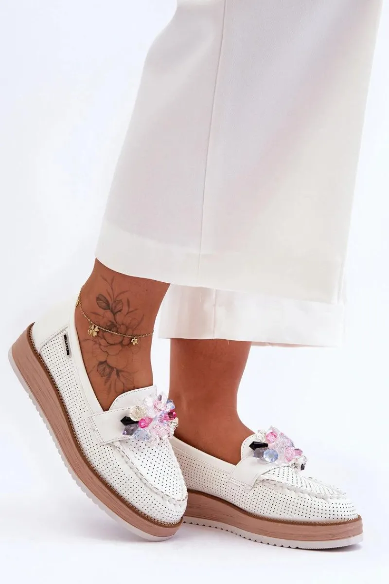 Mokasyny Na Platformie|Mokasyny Damskie Zamszowe>Boto Damskie Mokasyny Na Platformie Z Kamieniami Białe Elonore