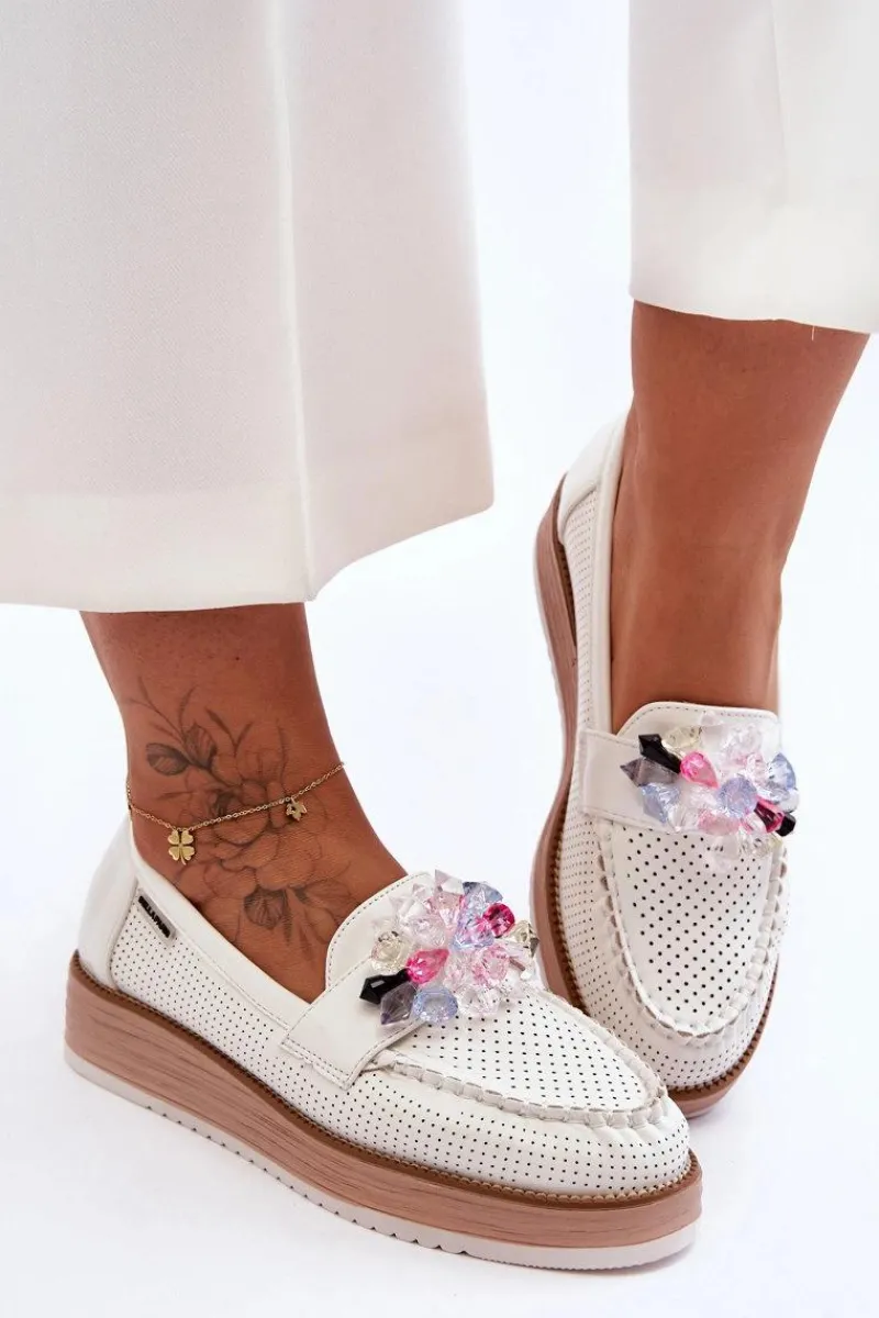 Mokasyny Na Platformie|Mokasyny Damskie Zamszowe>Boto Damskie Mokasyny Na Platformie Z Kamieniami Białe Elonore