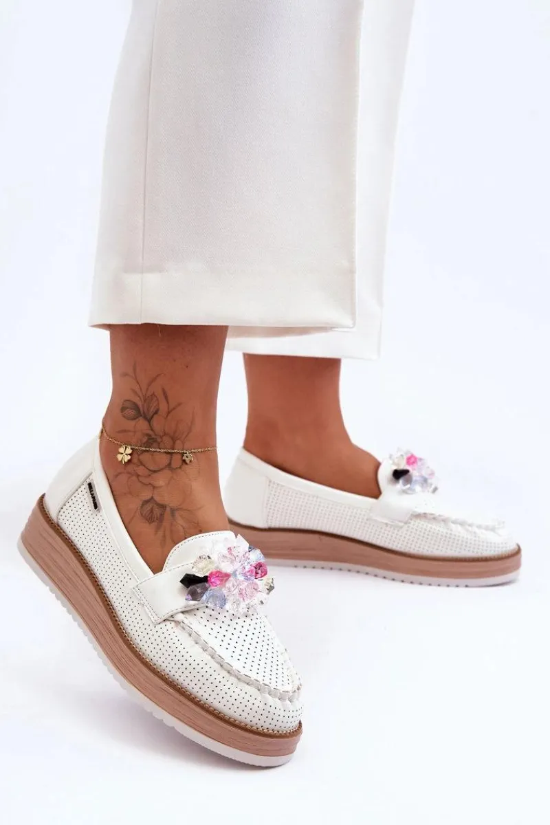 Mokasyny Na Platformie|Mokasyny Damskie Zamszowe>Boto Damskie Mokasyny Na Platformie Z Kamieniami Białe Elonore