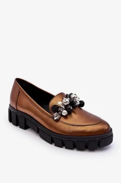 Mokasyny Damskie Skórzane|Mokasyny Na Platformie>Laura Messi Damskie Mokasyny Na Platformie 2392 Ciemnozłote