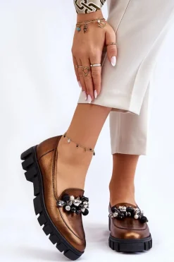 Mokasyny Damskie Skórzane|Mokasyny Na Platformie>Laura Messi Damskie Mokasyny Na Platformie 2392 Ciemnozłote