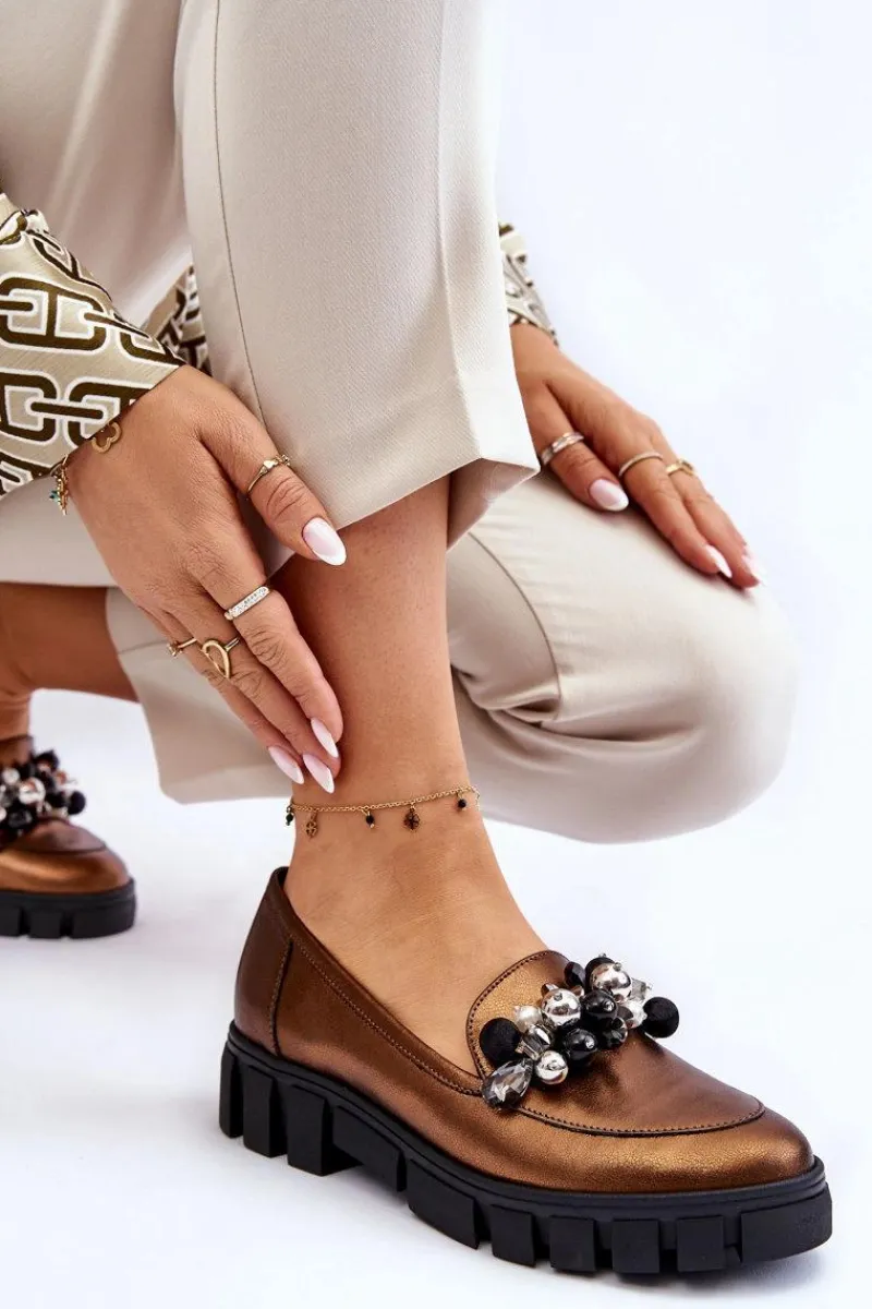 Mokasyny Damskie Skórzane|Mokasyny Na Platformie>Laura Messi Damskie Mokasyny Na Platformie 2392 Ciemnozłote