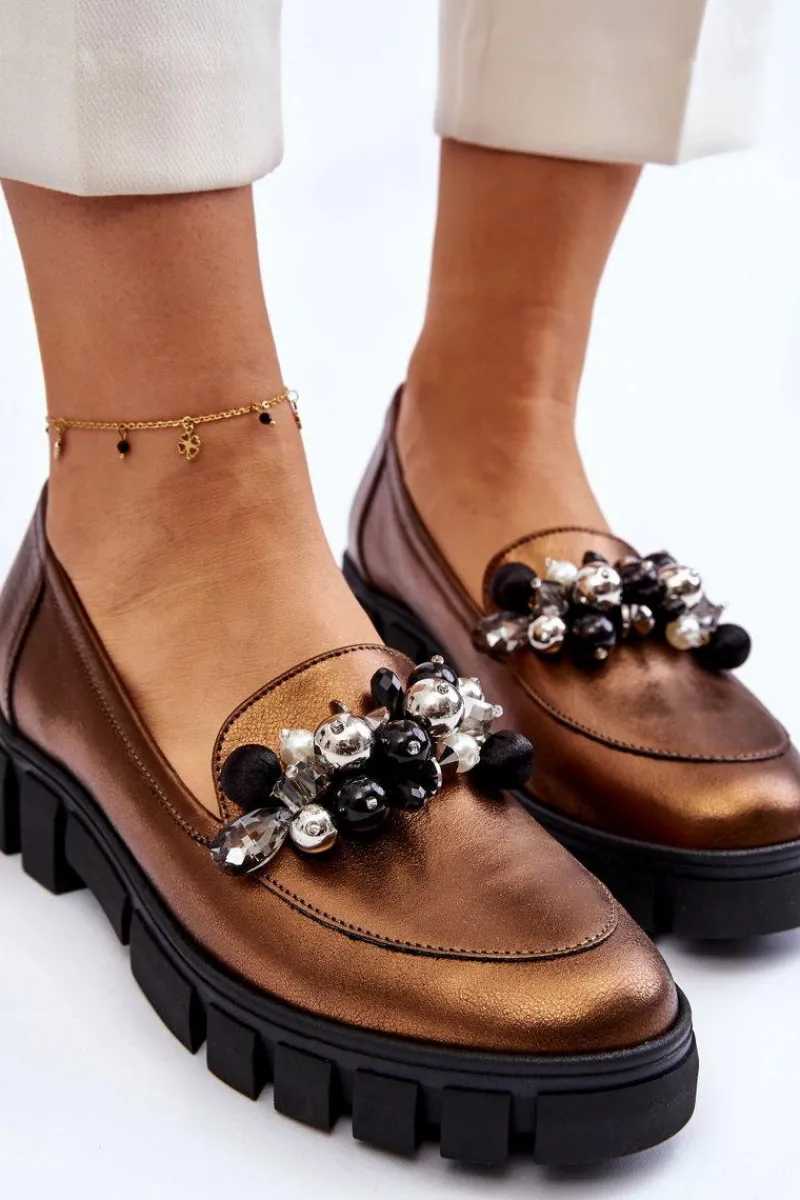 Mokasyny Damskie Skórzane|Mokasyny Na Platformie>Laura Messi Damskie Mokasyny Na Platformie 2392 Ciemnozłote