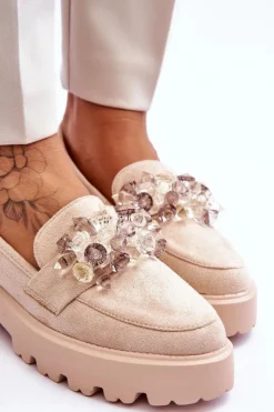 Mokasyny Damskie Zamszowe|Mokasyny Na Platformie></noscript>Boto Damskie Mokasyny Na Platformie Z Ozdobami Beżowe Brenda