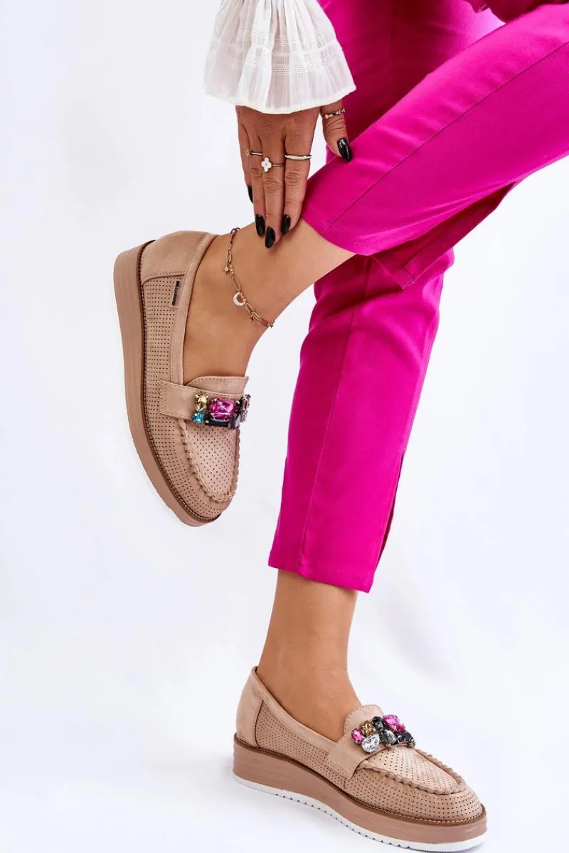 Outlet Damskie Mokasyny Na Platformie Z Ozdobami Beżowe Adelyn Damskie Mokasyny Na Platformie|Mokasyny Damskie Zamszowe