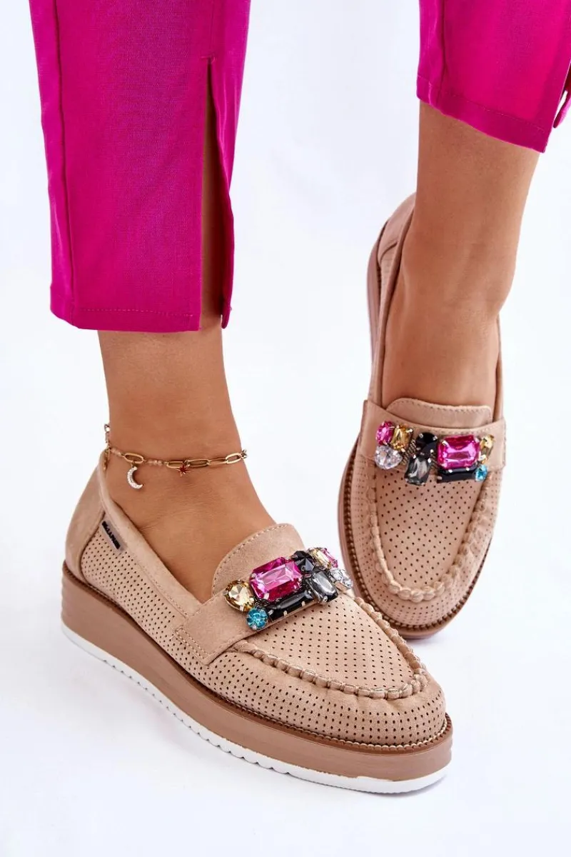 Outlet Damskie Mokasyny Na Platformie Z Ozdobami Beżowe Adelyn Damskie Mokasyny Na Platformie|Mokasyny Damskie Zamszowe