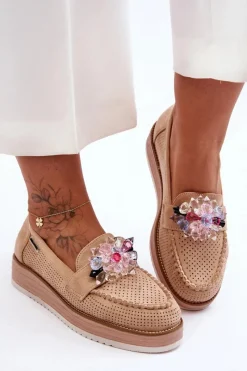 Boto Damskie Mokasyny Na Platformie Z Kamieniami Beżowe Elonore