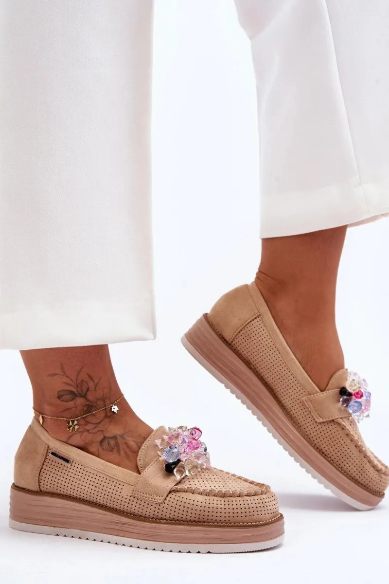 Boto Damskie Mokasyny Na Platformie Z Kamieniami Beżowe Elonore