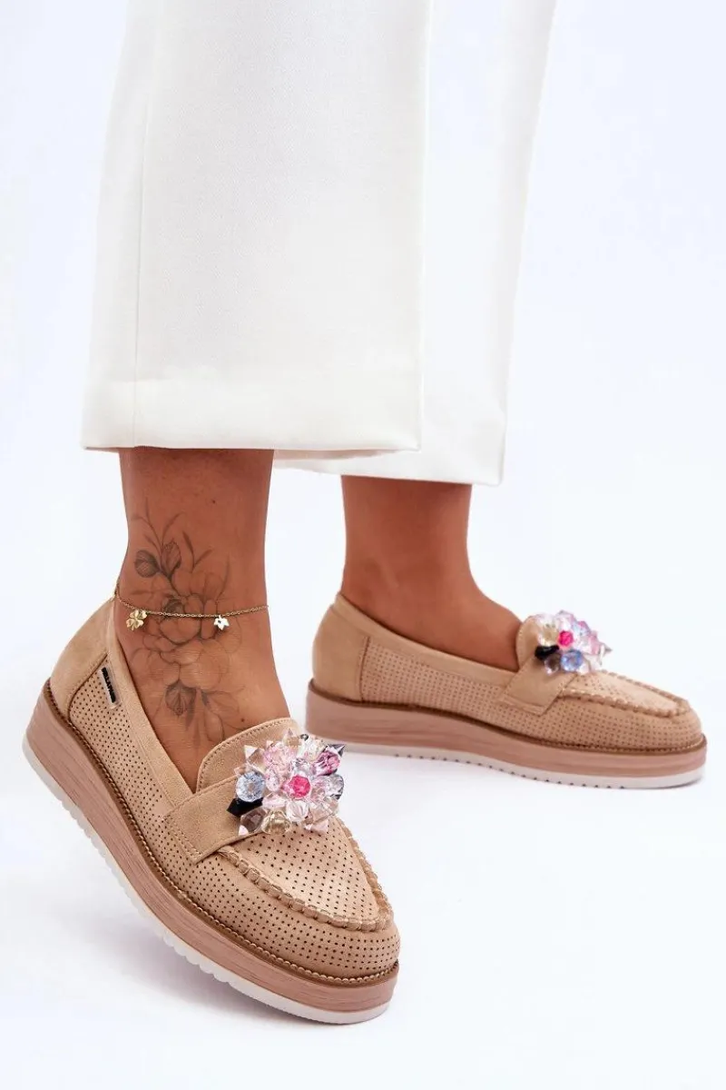 Boto Damskie Mokasyny Na Platformie Z Kamieniami Beżowe Elonore