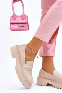 New Big Star Shoes Damskie Mokasyny Półbuty Skórzane Big Star LL274457 Beżowe