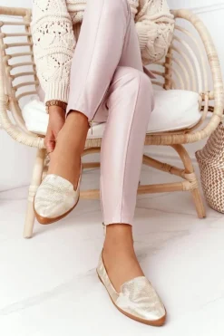 Hot Damskie Mokasyny Sergio Leone MK700 Złote Damskie Mokasyny Damskie Skórzane|Baleriny Klasyczne