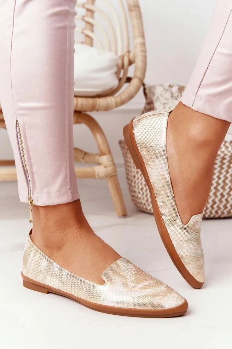 Hot Damskie Mokasyny Sergio Leone MK700 Złote Damskie Mokasyny Damskie Skórzane|Baleriny Klasyczne